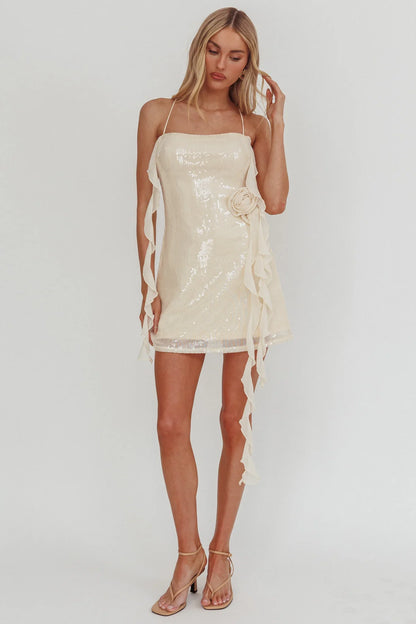 Standing Out Ruffle Rosette Trim Sequin Mini Dress Champagne