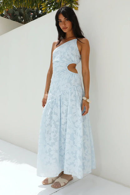 Fully Focused One Shoulder Maxi Dress Blue