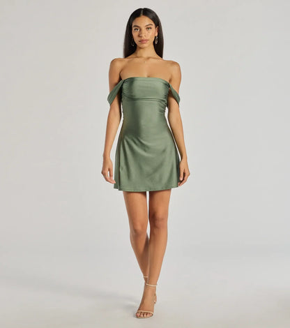 Classics Lover Off-The-Shoulder Satin A-Line Mini Dress