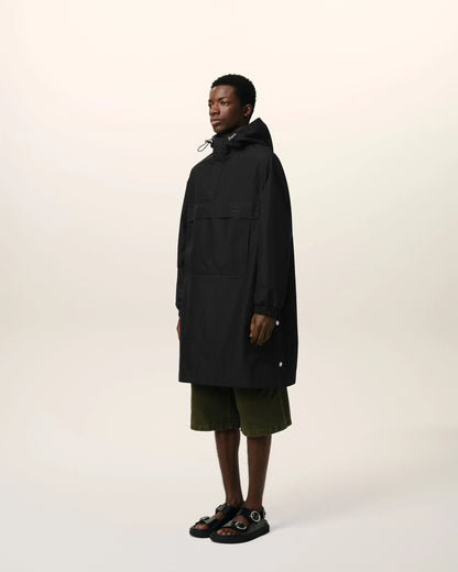 Black Water-repellent Long Hooded Windbreaker