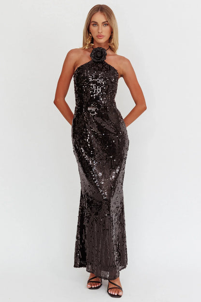 High Roller Flower Decoration Halter Dress Sequin Black