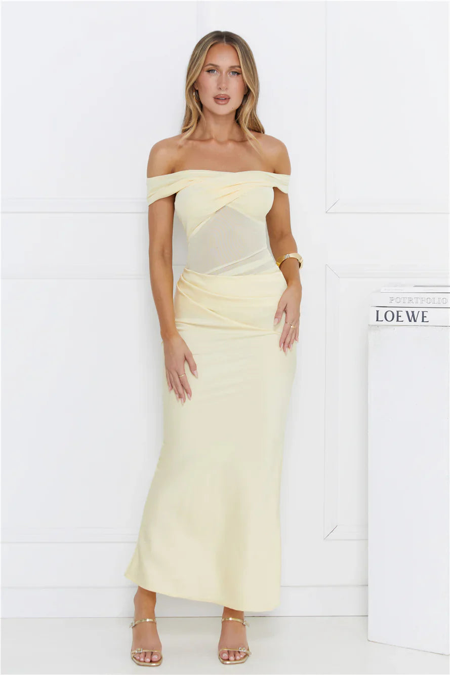 Silent Dreams Mesh Satin Off Shoulder Maxi Dress