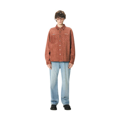 GOODBRAND Suede Beaded Shirt Reddish Brown Plaid (FW25)