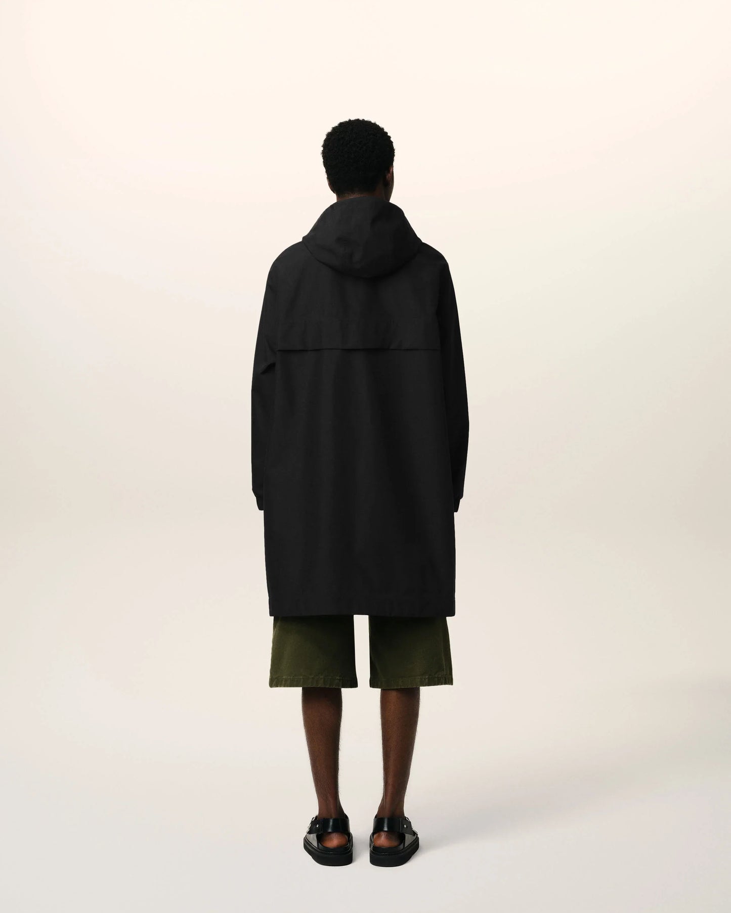 Black Water-repellent Long Hooded Windbreaker