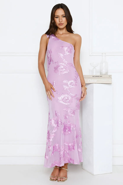 Glossy Girl One Shoulder Mesh Maxi Dress
