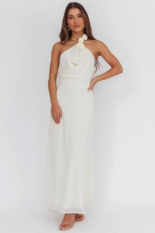 Petronilla Rosette Halterneck Maxi Dress Eggshell