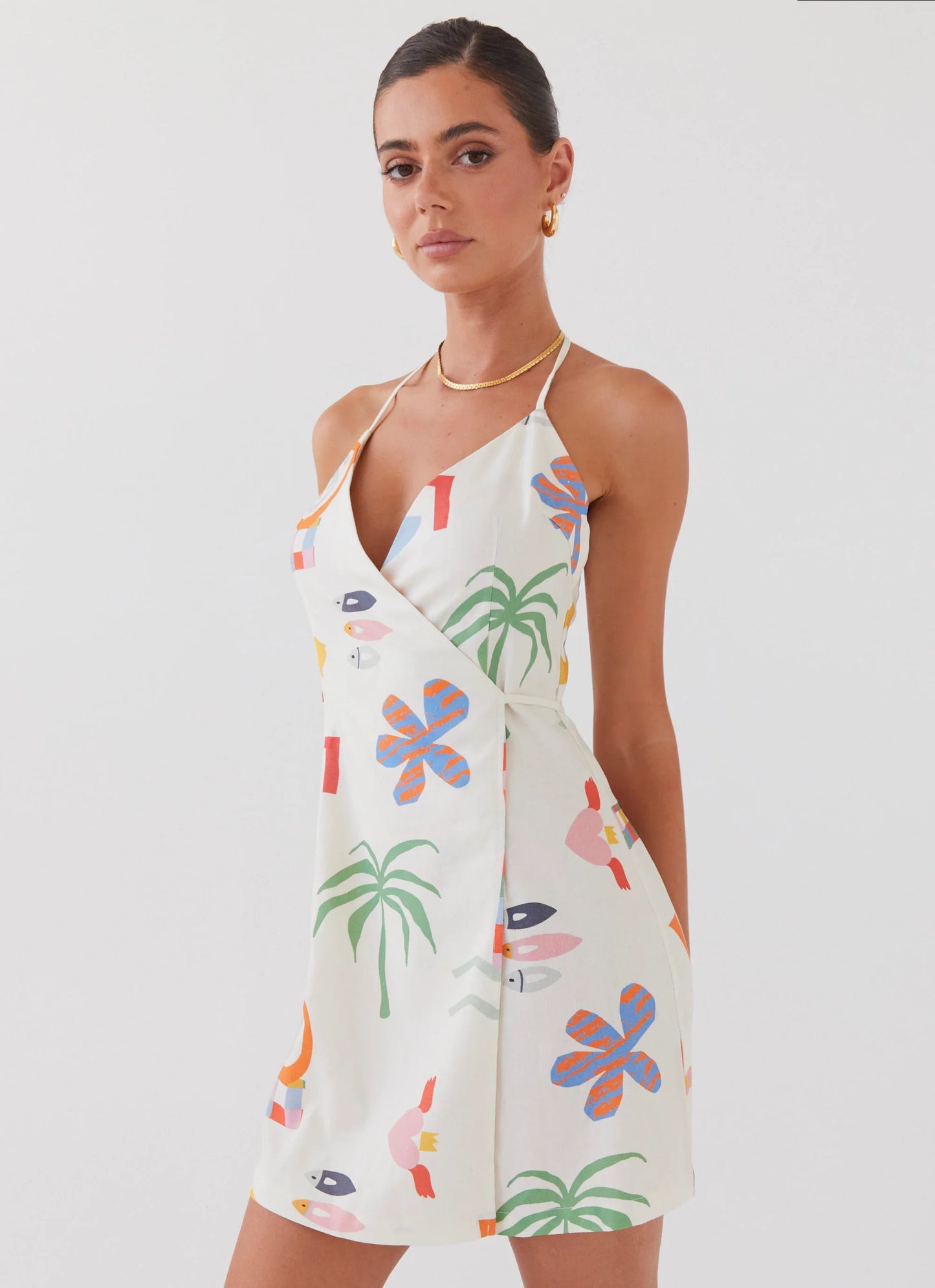 At Last Sunrise Wrap Linen Mini Dress - Summer Palm
