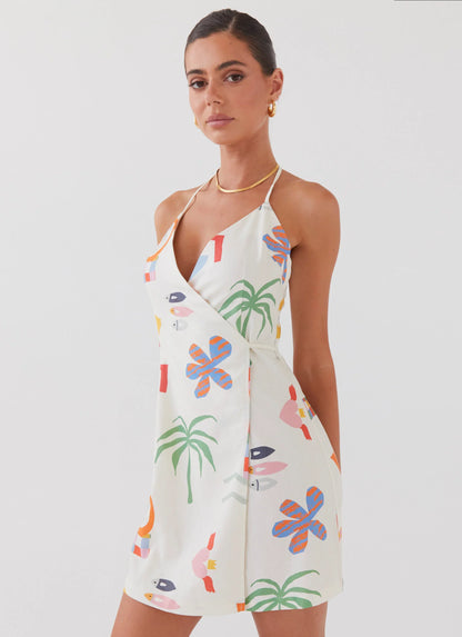 At Last Sunrise Wrap Linen Mini Dress - Summer Palm