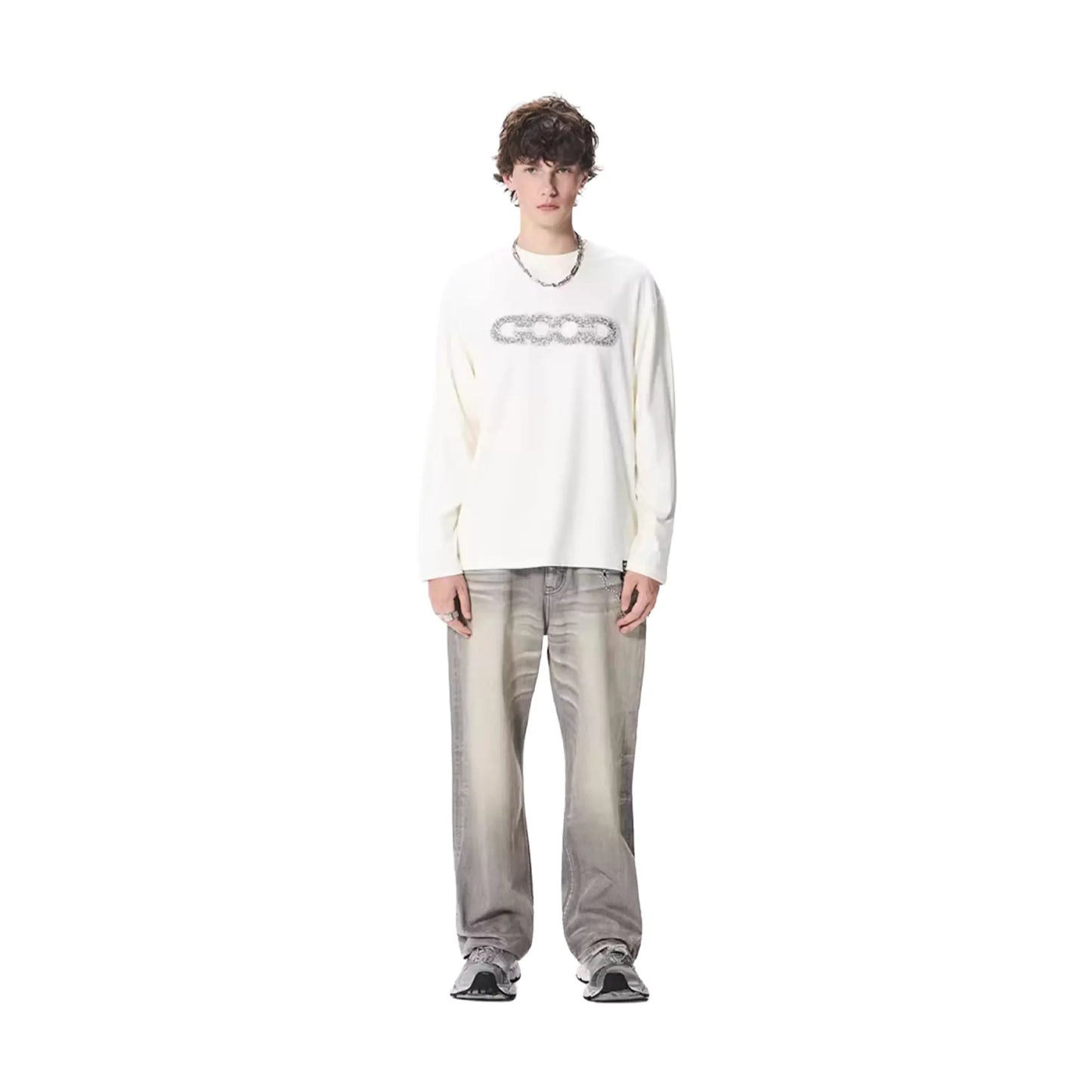 GOODBRAND Good Map Sequin Embroidered Long Sleeved Tee White (FW25)