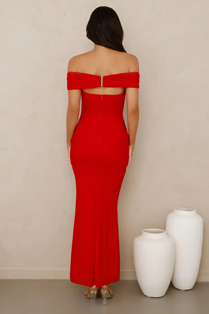 Swan Song Off Shoulder Mesh Maxi Dress