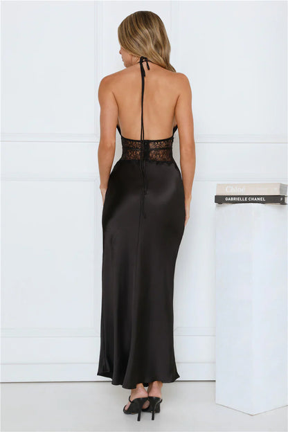 Ibiza Twilight Satin Lace Maxi Dress Rose