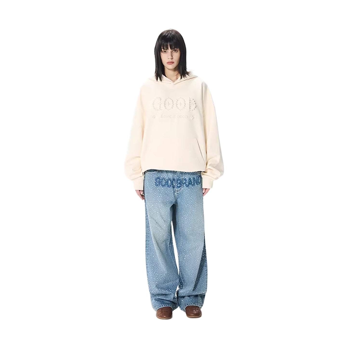 GOODBRAND Pearl Embroidered Slogan Hoodie Beige (FW25)