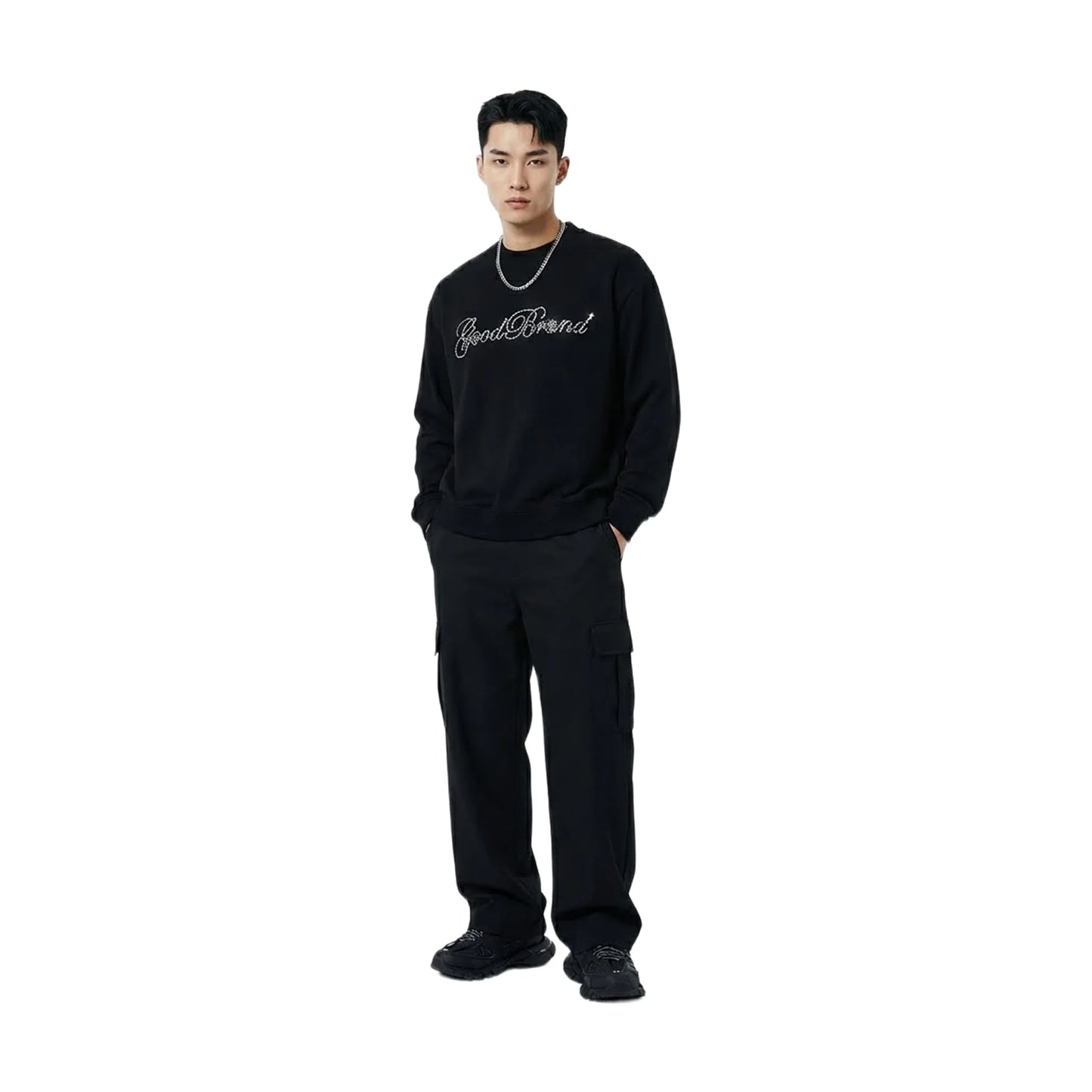 GOODBRAND Beaded Floral Pattern Long Sleeved Tee Black (FW25)