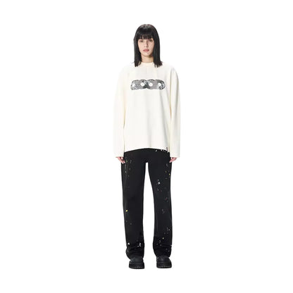 GOODBRAND Splicing Sequin Printed Logo Long Sleeved Tee White (FW25)
