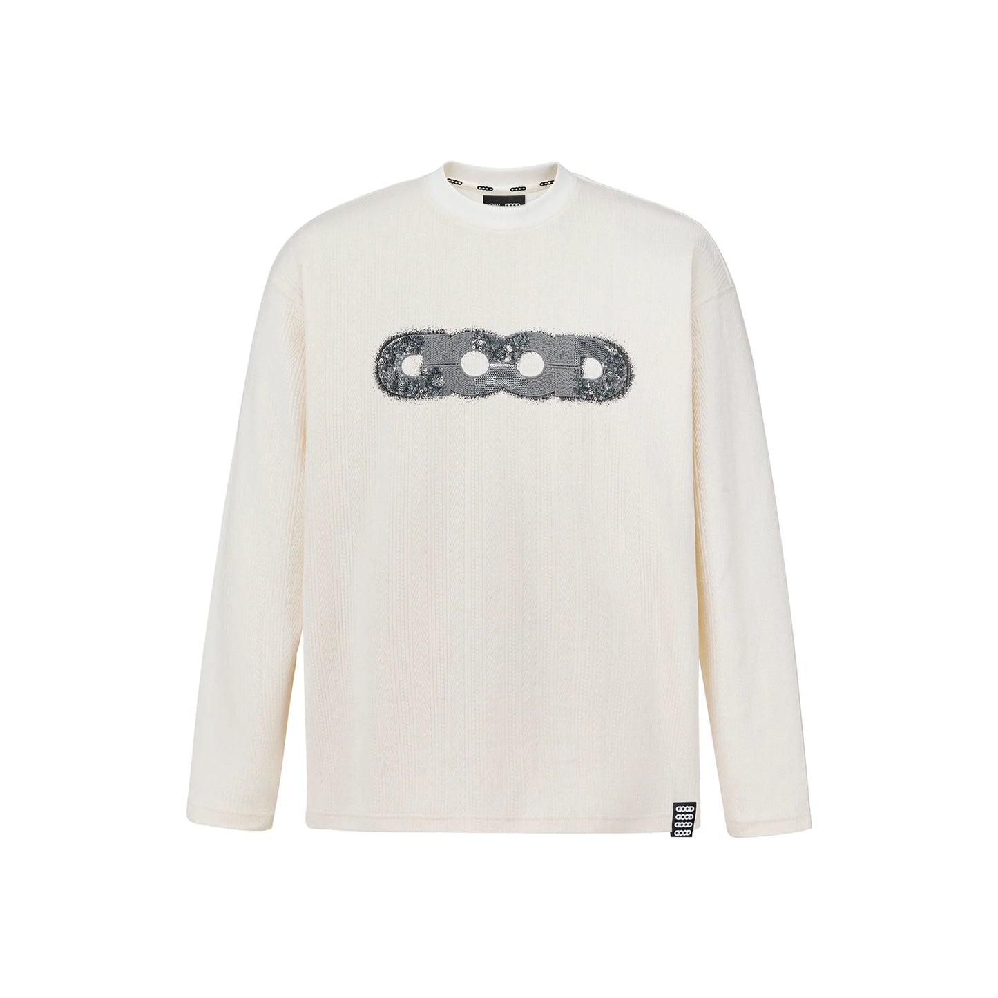 GOODBRAND Splicing Sequin Printed Logo Long Sleeved Tee White (FW25)