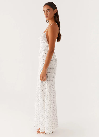 Alianna Cowl Neck Mesh Maxi Dress - White Polka Dot