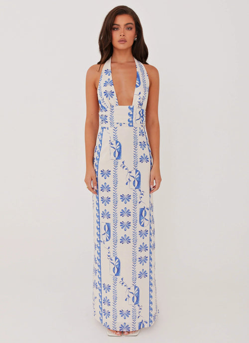 Sky Linen Maxi Dress - Floral Wave