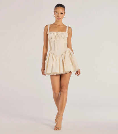 Flirt It Up Floral Jacquard Satin Corset Skater Dress