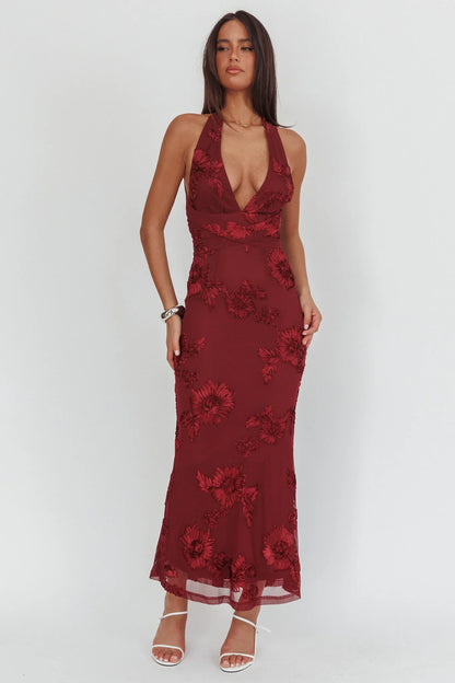 Cipriana Backless Halter Maxi Dress Embellished Wine