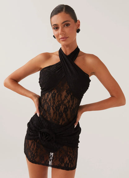 Santana Crossover Lace Mini Dress - Black