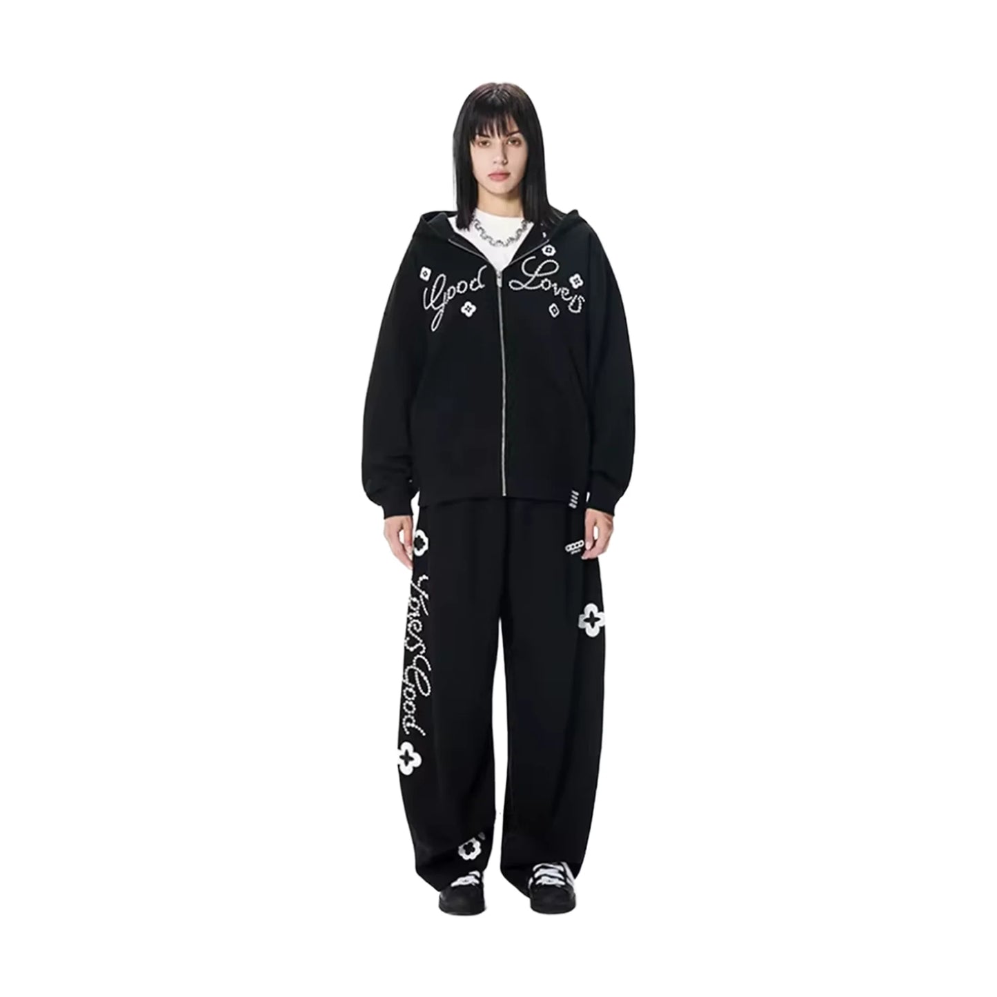 GOODBRAND Good Loves Floral Slogan Zip-Up Hoodie Black (FW25)