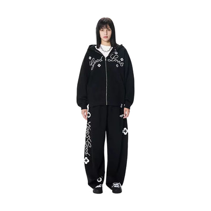 GOODBRAND Good Loves Floral Slogan Zip-Up Hoodie Black (FW25)