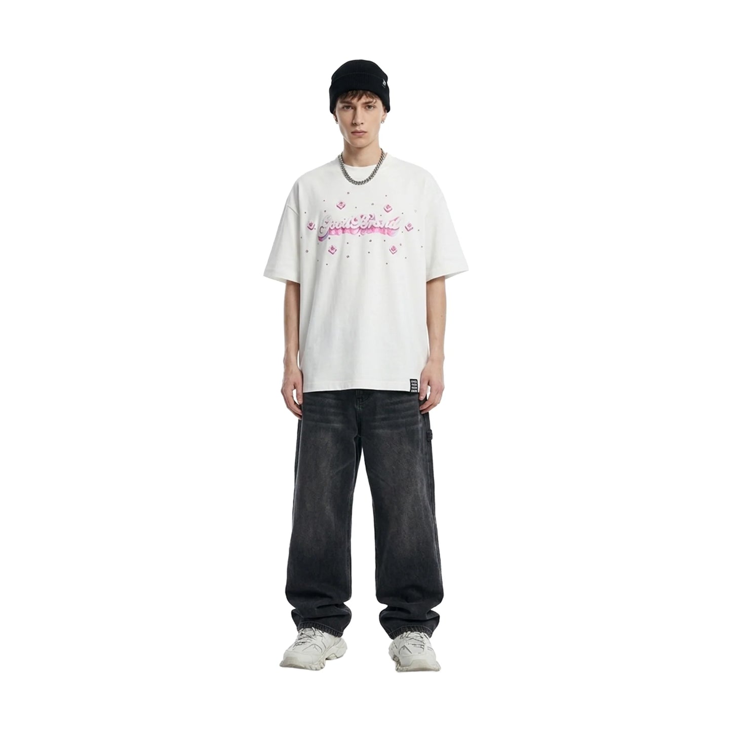 GOODBRAND 3D Logo Floral Embroidery Rhinestone Tee White (SS26)