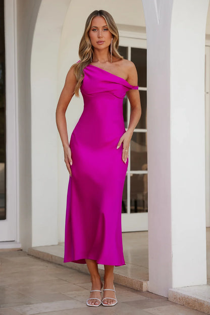 Stylish Season Off Shoulder Satin Midi Dress
