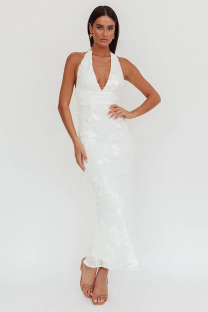 Cipriana Backless Halter Maxi Dress Embellished White