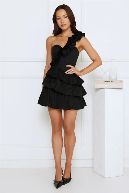 Precious Time One Shoulder Mini Dress Black