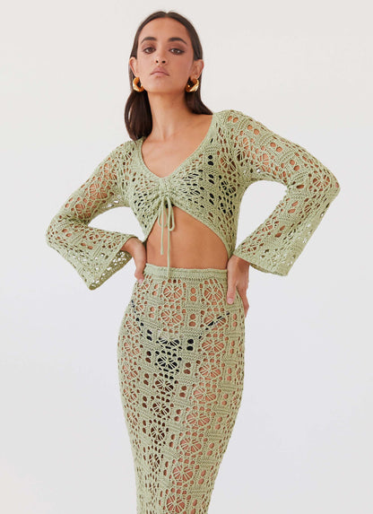 Seaside Soiree Crochet Maxi Dress - Light Olive
