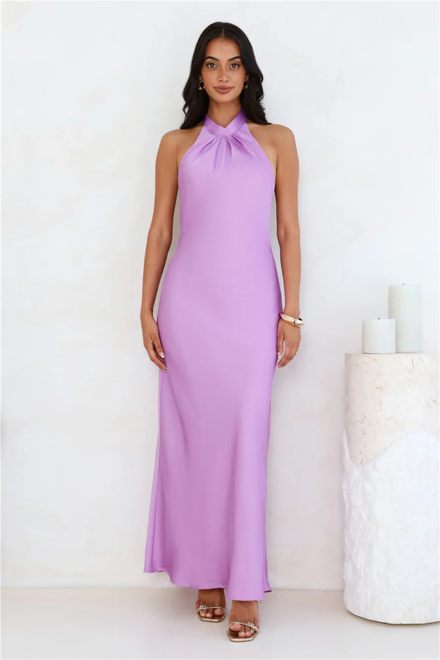 Delicate Dazzle Halter Satin Maxi Dress