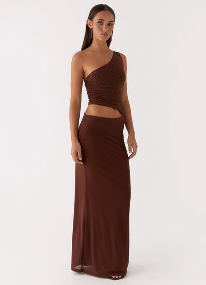 Seranella Sequin One Shoulder Maxi Dress - Chocolate
