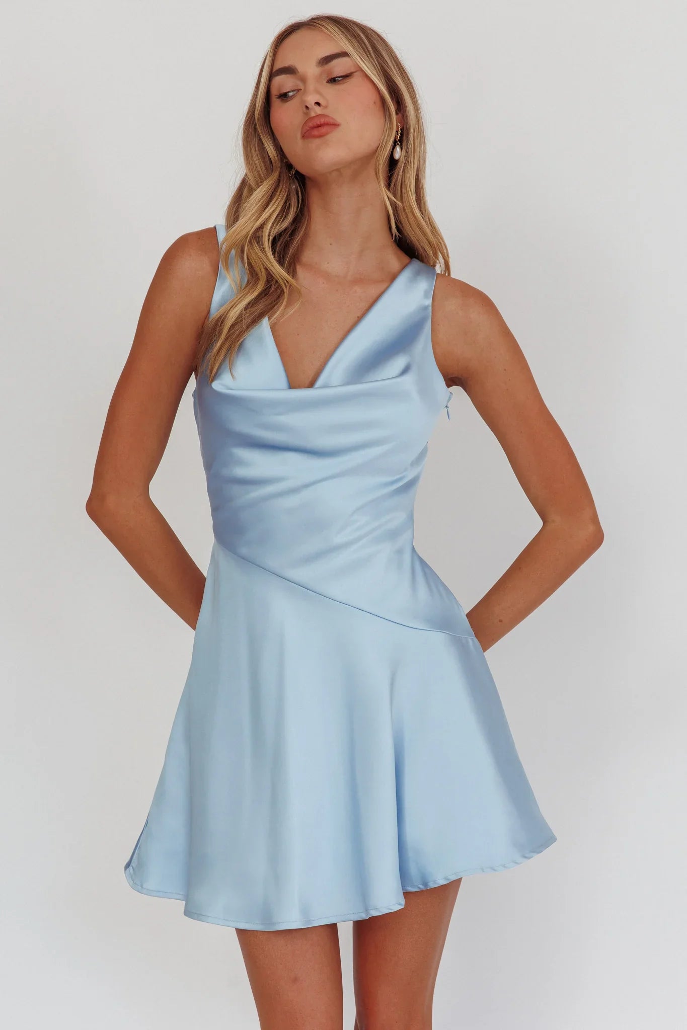 Brigid Cowl Neck Scoop Back Mini Dress Blue