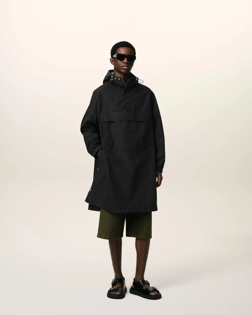 Black Water-repellent Long Hooded Windbreaker
