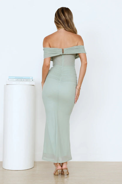 Swan Song Off Shoulder Mesh Maxi Dress