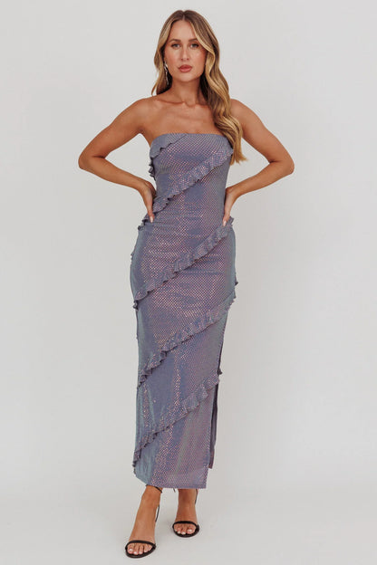 Metrics Strapless Frill Maxi Dress Blue