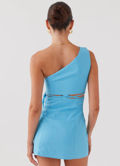 Memini One Shoulder Linen Mini Dress - Azure