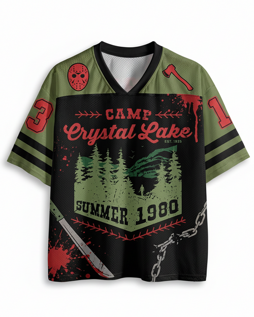 TheRetroTee 1980s Crystal Lake Camp Inspired Horror Mesh Jersey