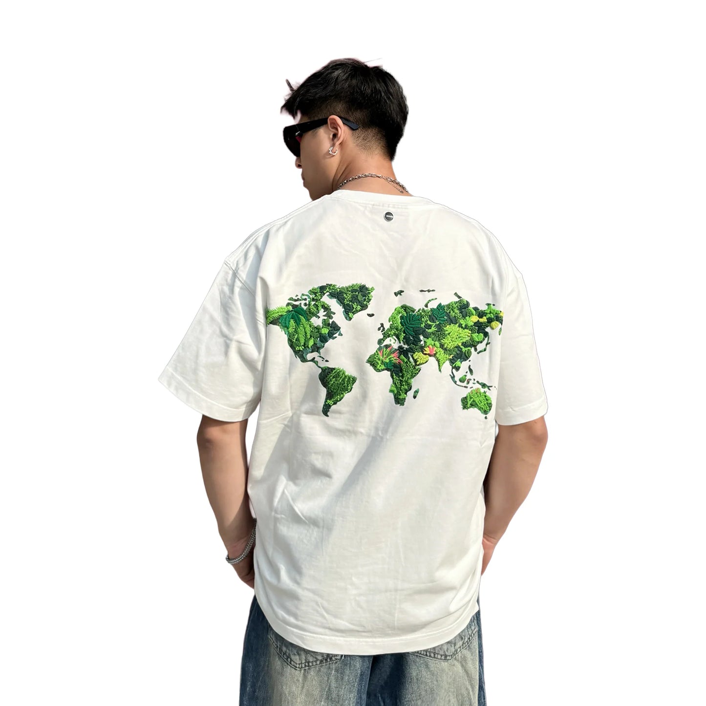 GOODBRAND 3D Green Plant Embroidered Map Logo Tee White (SS25)