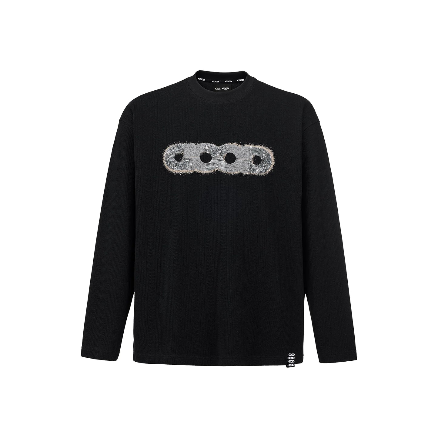 GOODBRAND Splicing Sequin Printed Logo Long Sleeved Tee Black (FW25)