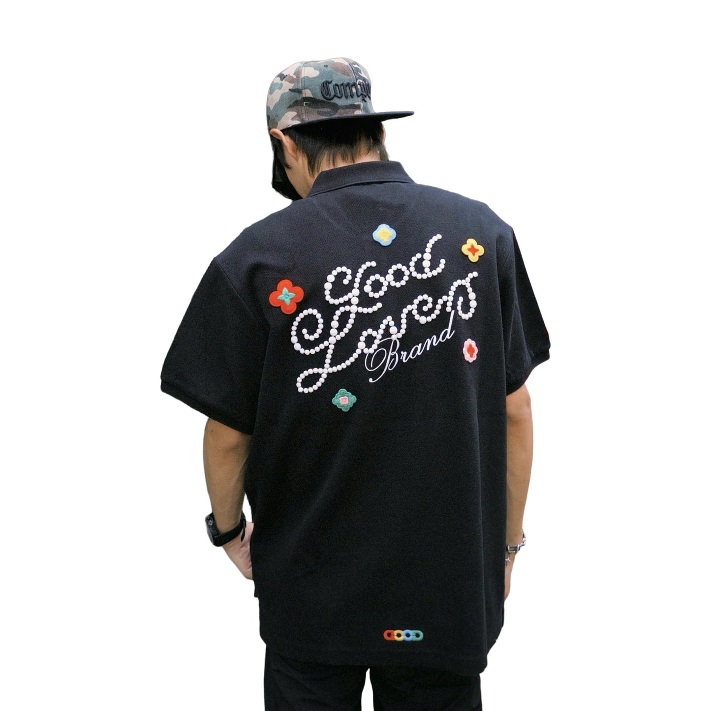 GOODBRAND Good Loves 3D Embroidered Slogan Polo Shirt Black (SS25)